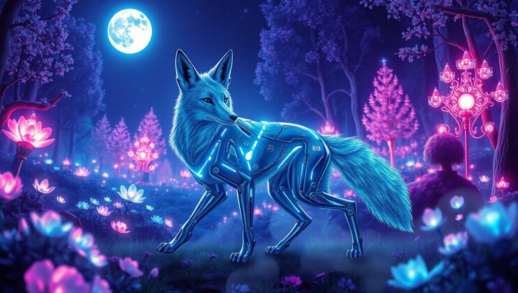 Cyber Fox in Neon Forest – free AI stock image
