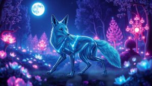Cyber Fox in Neon Forest – free AI stock image