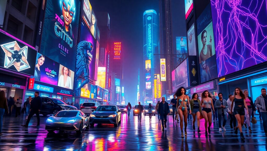 Cyber Guardian in Neon Cityscape – free AI stock image