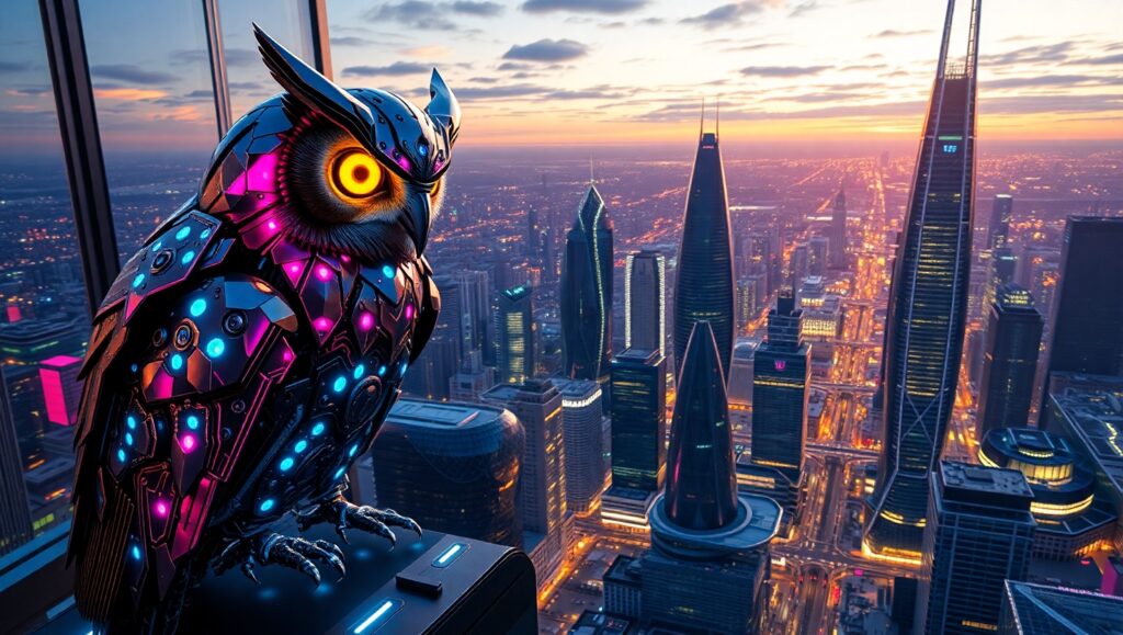 Cyber Owl Over Neon City – free AI stock image