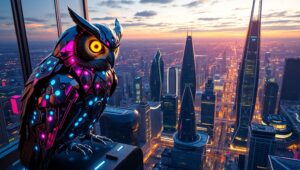 Cyber Owl Over Neon City – free AI stock image