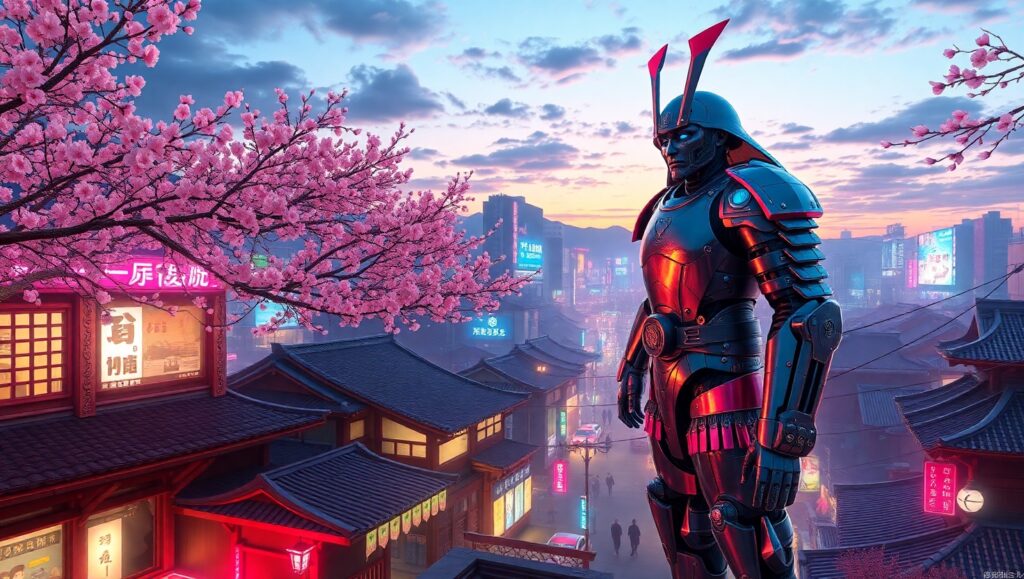 Cyber Samurai Overlooking Neon City – free AI stock image