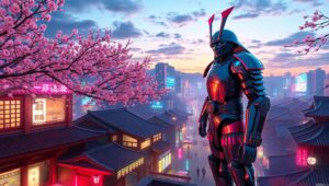 Cyber Samurai Overlooking Neon City – free AI stock image