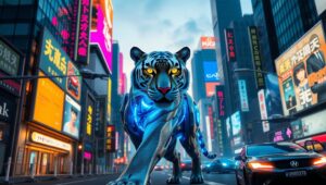 Cyber Tiger in Neon City – free AI stock image