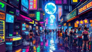 Cyberpunk Market in Pixel Art Style – free AI stock image