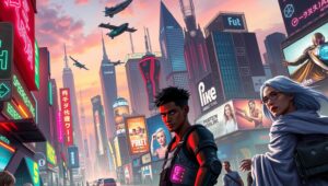 Cyberpunk Unity in a Neon World – free AI stock image