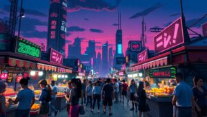 Cyberpunk Voxel Street Market Scene – free AI stock image
