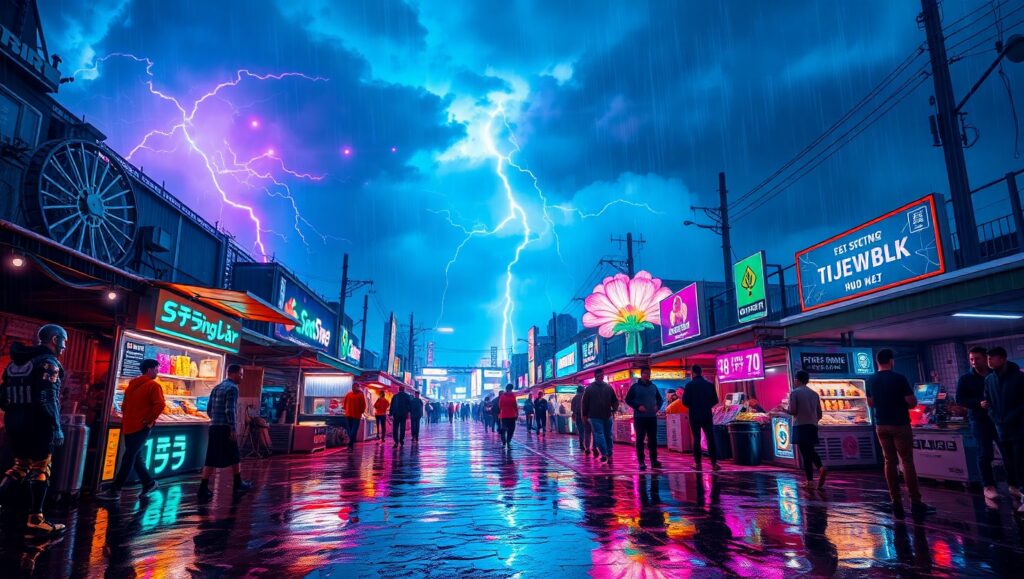 Cyborg Marketplace in Neon – free AI stock image