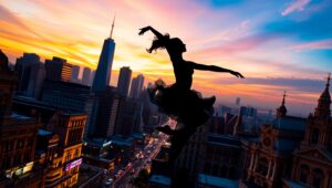 Dancer Against City Sunset – free AI stock image