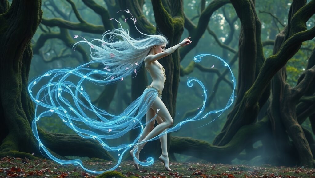 Dancer in Light Among Trees – free AI stock image