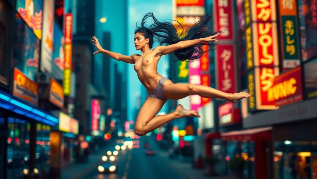 Dancer in Motion Through City Lights – free AI stock image
