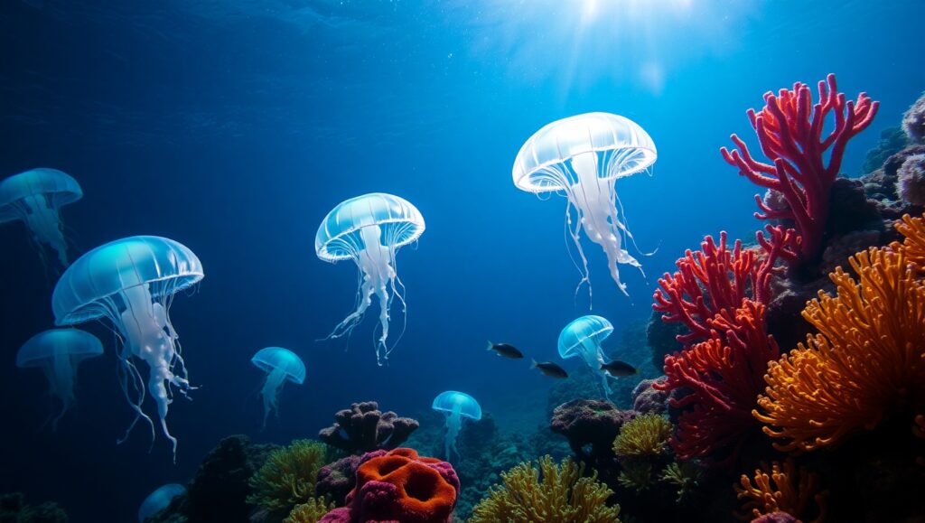 Dancing Jellyfish in Coral Gardens – free AI stock image