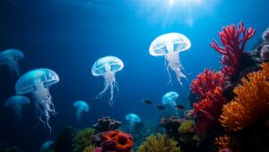 Dancing Jellyfish in Coral Gardens – free AI stock image