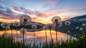 Dandelions at Sunset by the Lake – free AI stock image