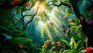 Dappled Light in Rainforest Canopy – free AI stock image