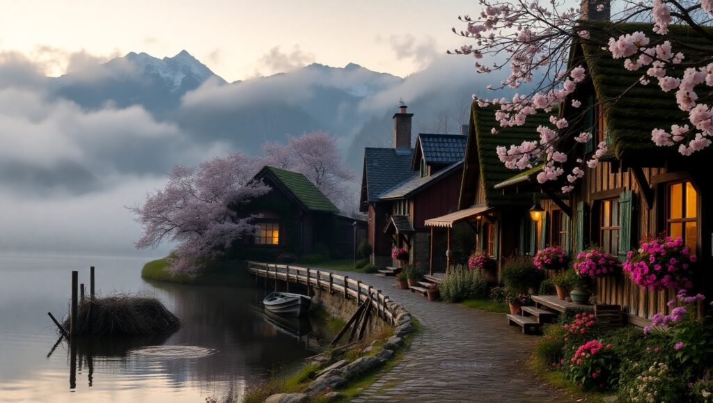 Dawn at the Lakeside Village – free AI stock image