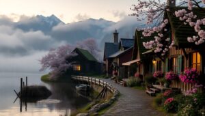 Dawn at the Lakeside Village – free AI stock image