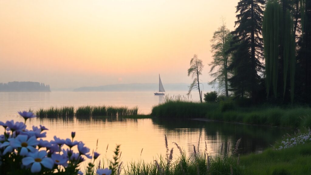 Dawn at the Tranquil Lakeside pLv – free AI stock image