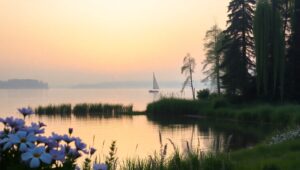 Dawn at the Tranquil Lakeside pLv – free AI stock image
