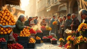 Dawn at the Vibrant Market – free AI stock image