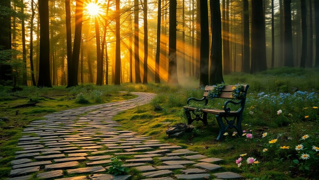 Dawn in a Misty Forest – free AI stock image