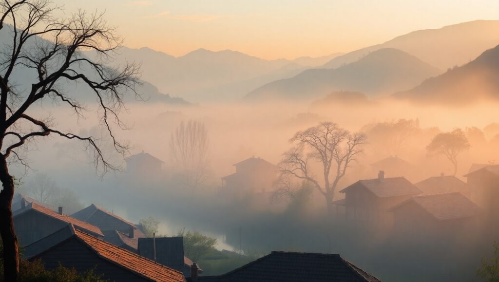 Dawn in a Misty Village – free AI stock image