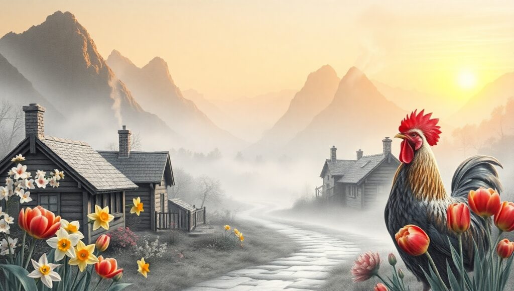 Dawn in a Misty Village 7sU – free AI stock image