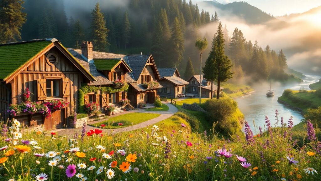 Dawn in a Mountain Village – free AI stock image
