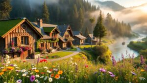 Dawn in a Mountain Village – free AI stock image