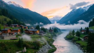 Dawn in a Mountain Village Paradise – free AI stock image