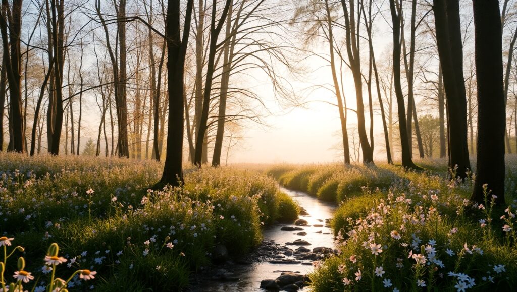 Dawn in a Pastel Forest Glade – free AI stock image