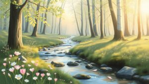 Dawn in a Tranquil Forest Glade – free AI stock image