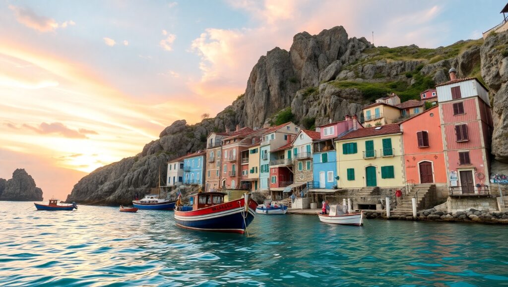 Dawn Over Coastal Village – free AI stock image