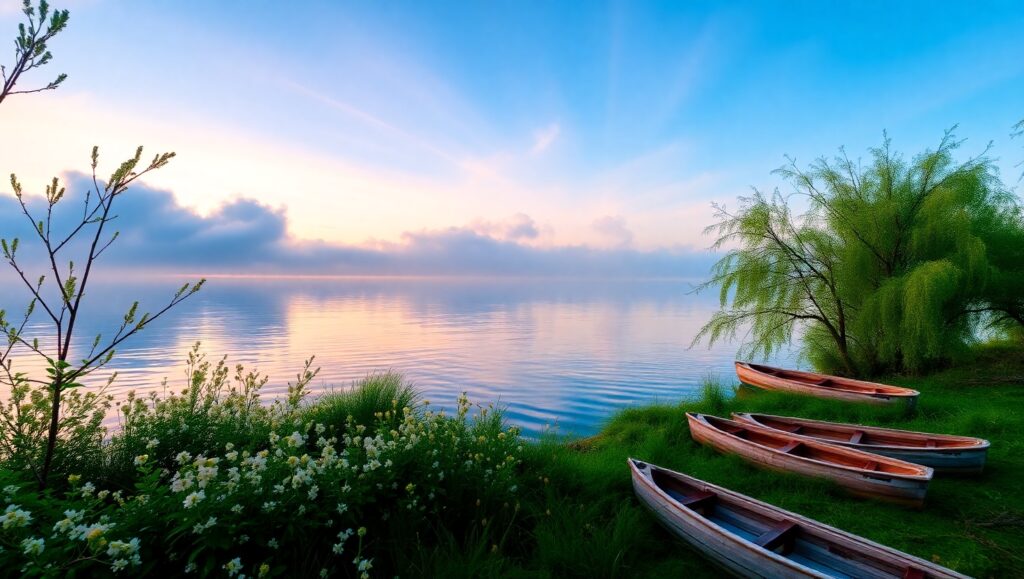 Dawn Reflections at Serenity Lake – free AI stock image