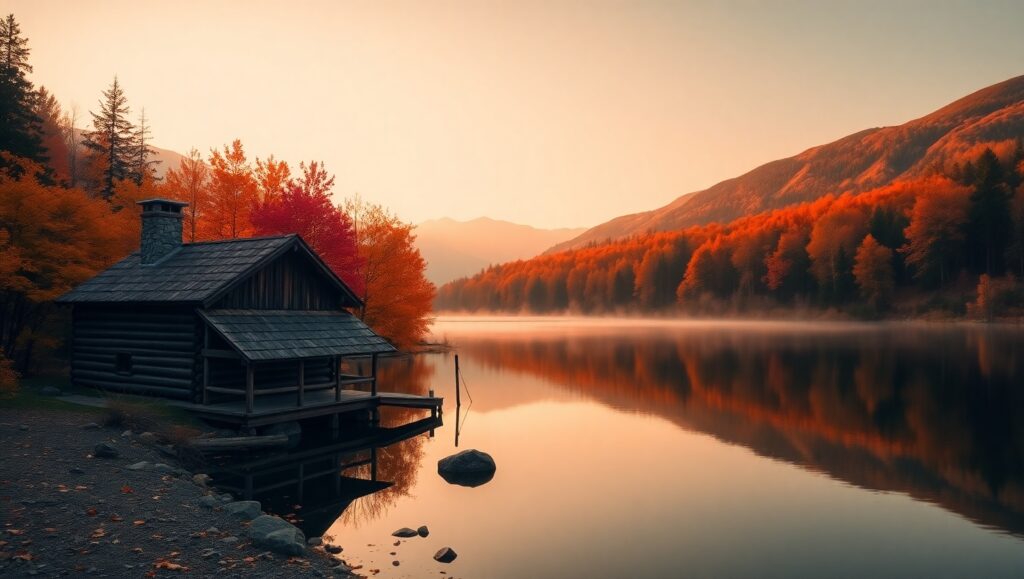 Dawn Reflections in Autumn Landscape – free AI stock image