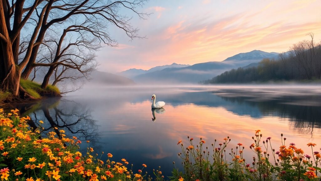 Dawn Serenity by the Lakeside – free AI stock image