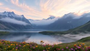 Dawn Serenity in Mountain Reflection – free AI stock image