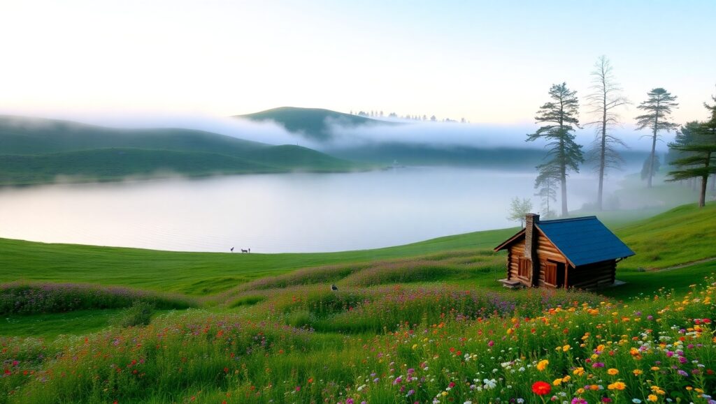 Dawn Serenity Over Misty Hills – free AI stock image