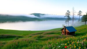 Dawn Serenity Over Misty Hills – free AI stock image
