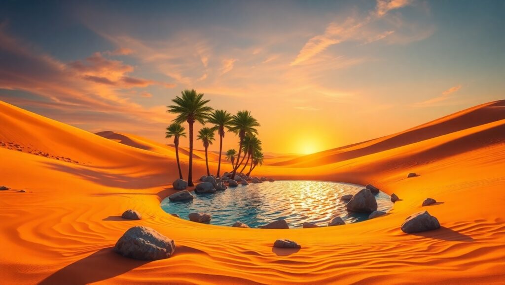 Desert Oasis at Sunset in Sand Art – free AI stock image