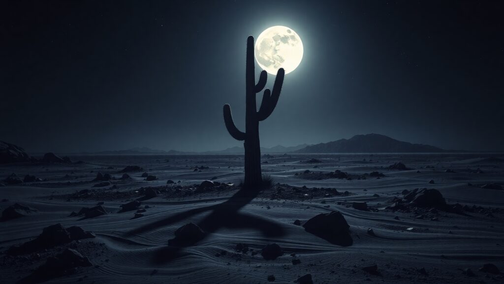 Desolate Moonlit Cactus Scene – free AI stock image