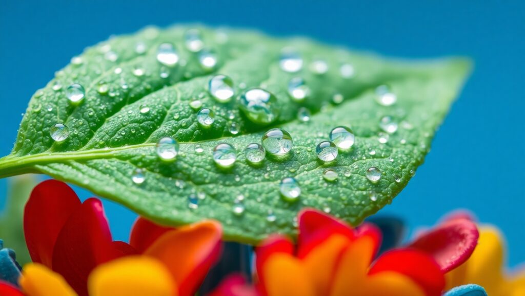 Dewy Leaf with Rainbow Reflections – free AI stock image