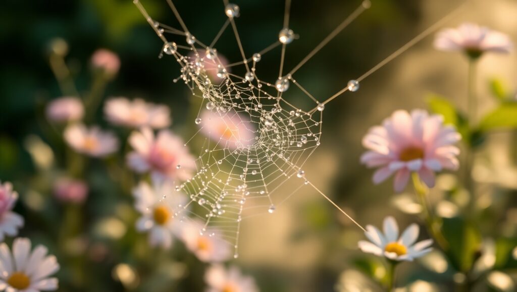 Dewy Spider Silk in Morning Light SGk – free AI stock image