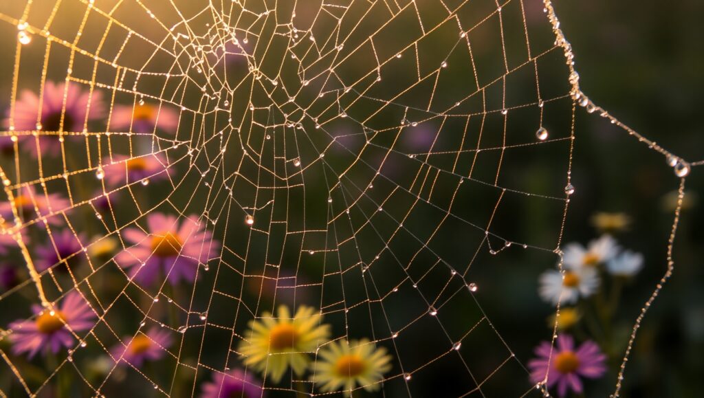 Dewy Spider Web at Sunrise – free AI stock image
