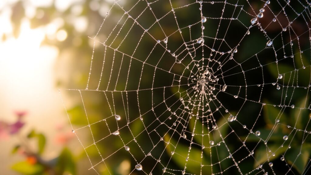 Dewy Spider Webs at Dawn – free AI stock image
