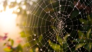 Dewy Spider Webs at Dawn – free AI stock image
