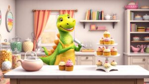 Dinosaur Baking Cupcakes in Clay Style – free AI stock image