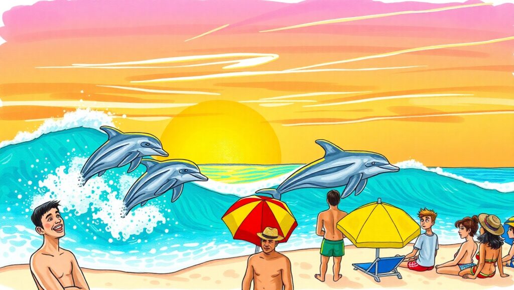 Dolphins at Sunset Beach Scene – free AI stock image