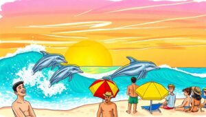 Dolphins at Sunset Beach Scene – free AI stock image