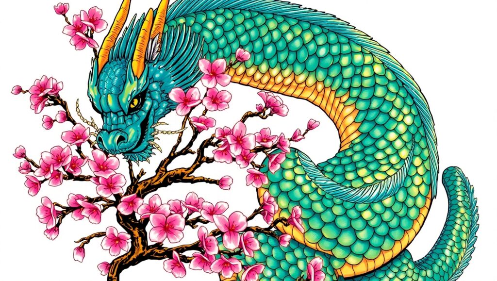 Dragon and Blossoms Tattoo – free AI stock image
